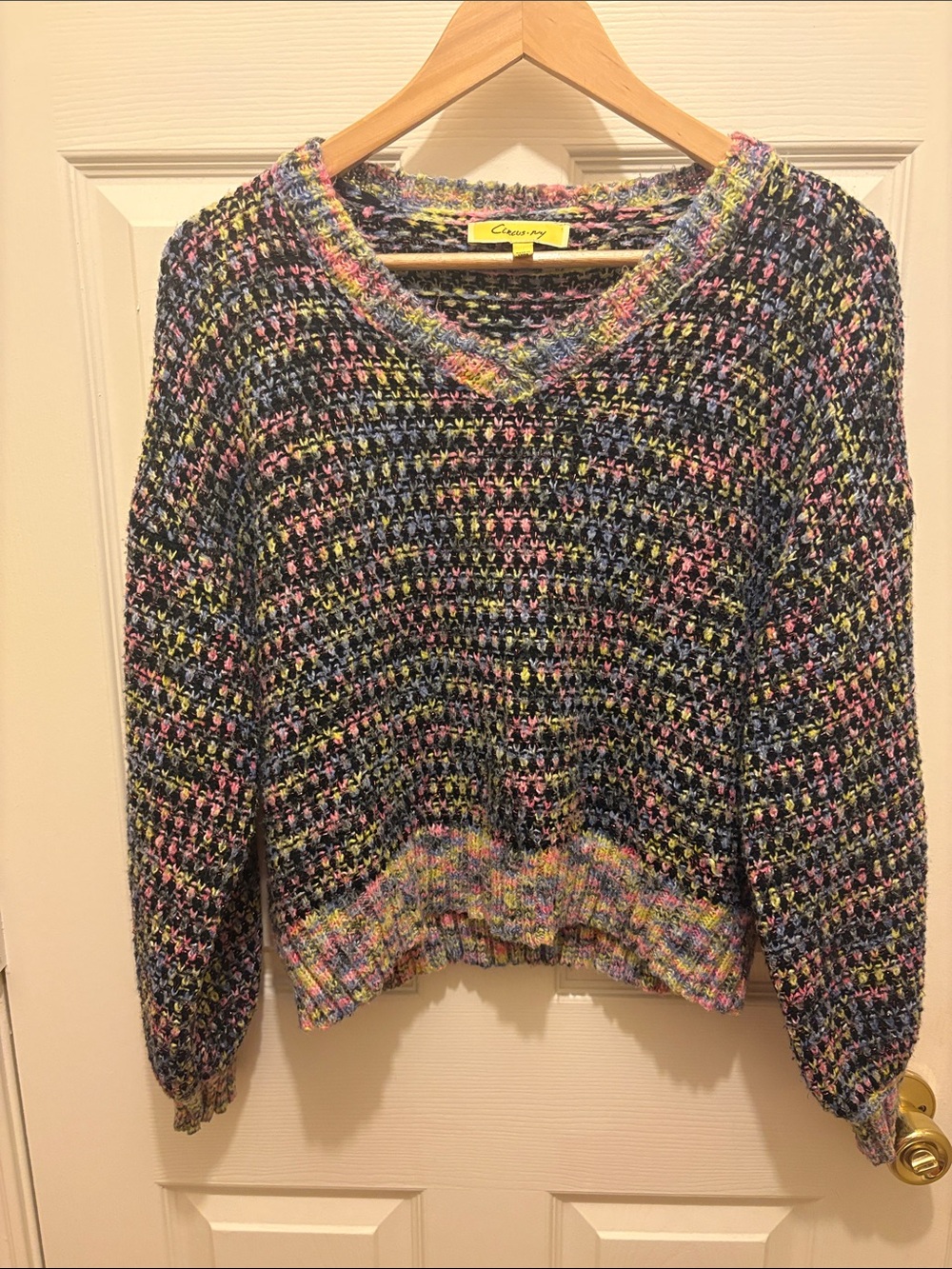 Sam Edelman Multicolor V-Neck Knit Sweater - Blue with Pink & Yellow A187